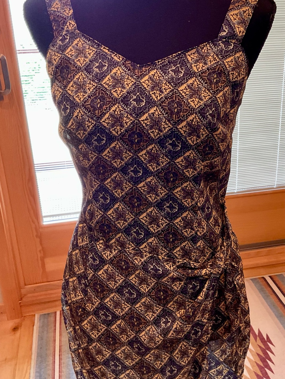 Sleeveless Navy and Cream Patterned Midi Dress